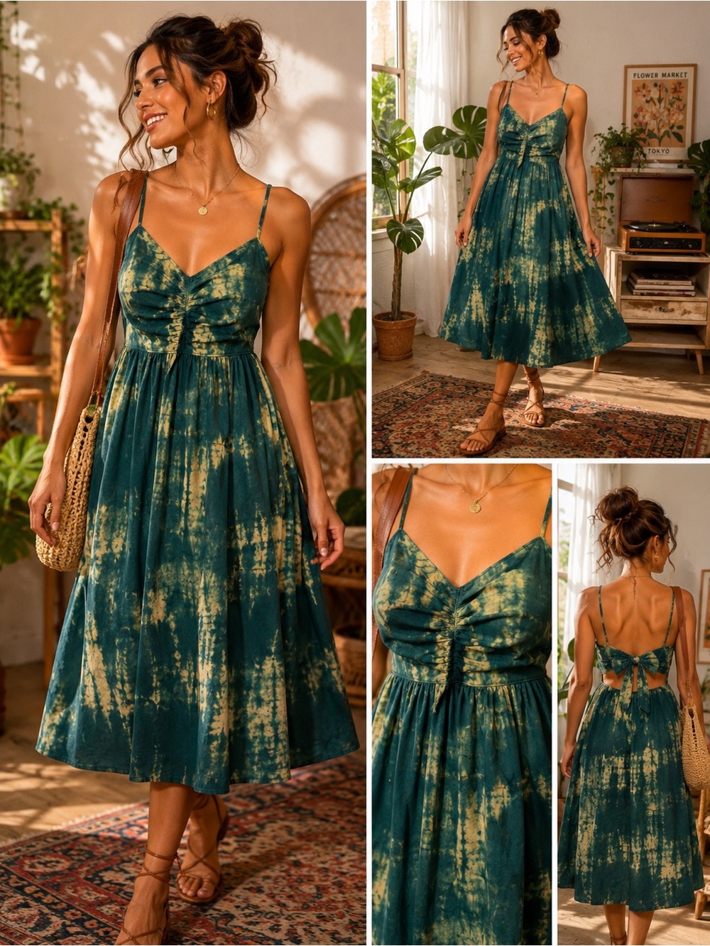 MIRTH Tie Dye Cotton Midi Dress XS Made in India Boho Open Back Bow Dress